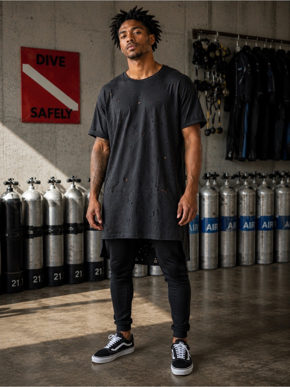 Mens 2013-2015 Black Distressed Holey Short Sleeve Tunic tshirt